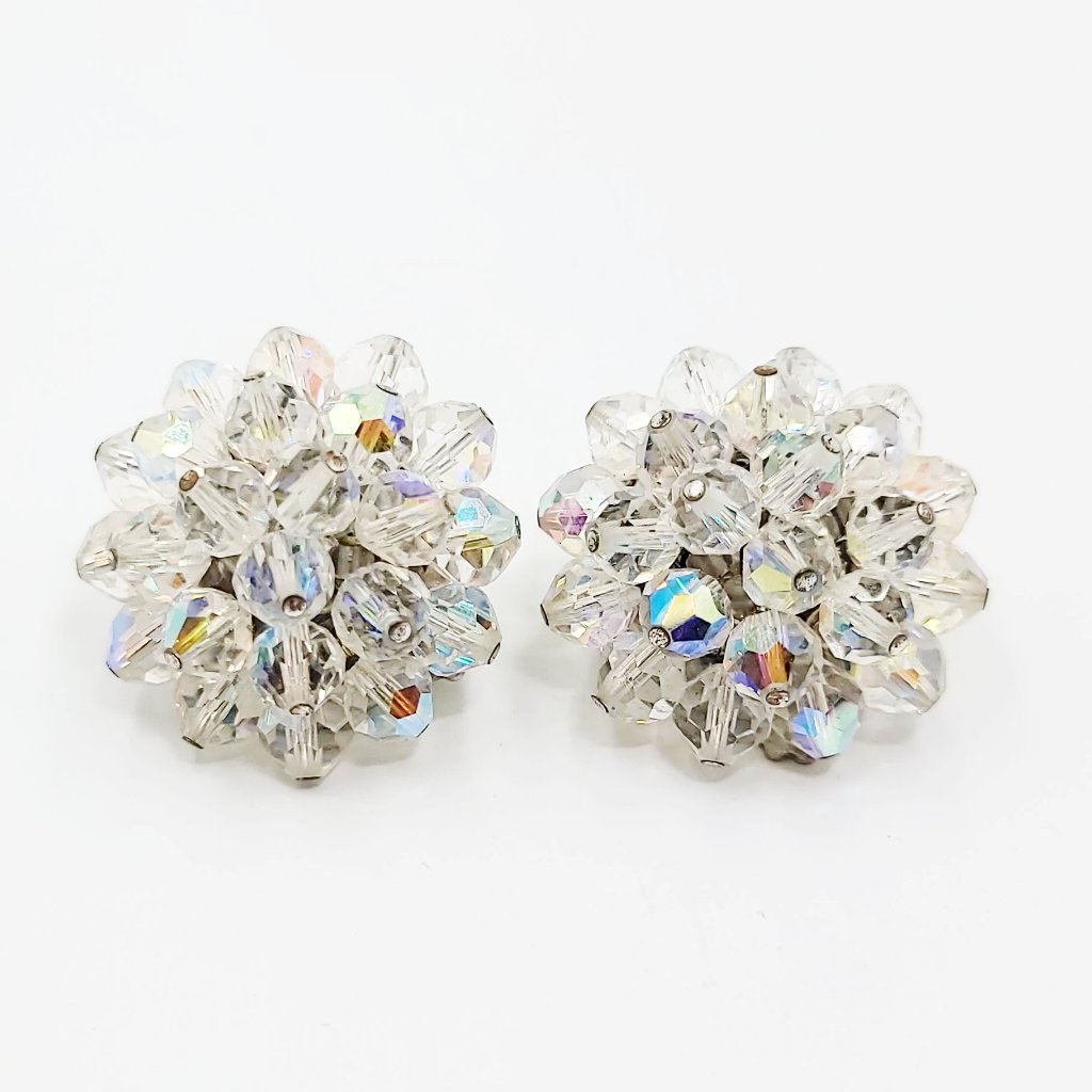 Laguna Aurora Borealis Crystal Bead Cluster Clip On Earrings Vintage Signed 30$